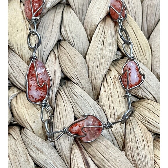Y2K Vintage Harlequin Quartz Stone 62in Necklace Red Silver Boho Fairy Grunge - Picture 1 of 8